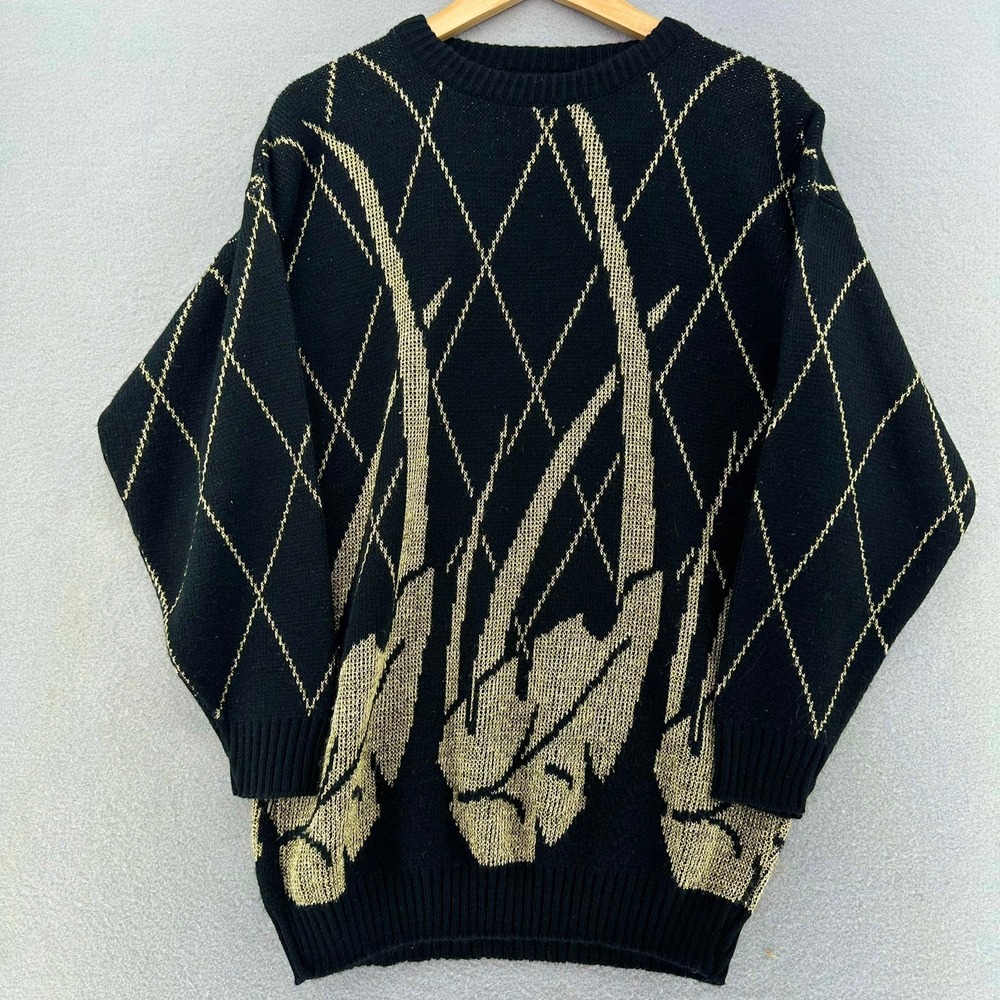 VTG Ellen-D Kollection Metallic Black Gold Botanical Geometric Knit Sweater M